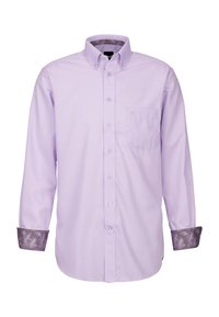 Chemise à manches longues violet clair avec un col rabattu et une poche poitrine unique ; les poignets à motifs violet foncé ajoutent un contraste.
