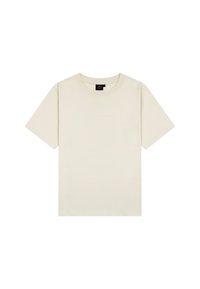 Korte mouwen t-shirt in off-white katoen, met een ronde hals en een minimalistisch tekstontwerp in lichtbeige over de borst.