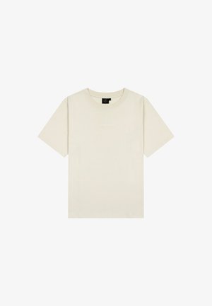 Korte mouwen t-shirt in off-white katoen, met een ronde hals en een minimalistisch tekstontwerp in lichtbeige over de borst.