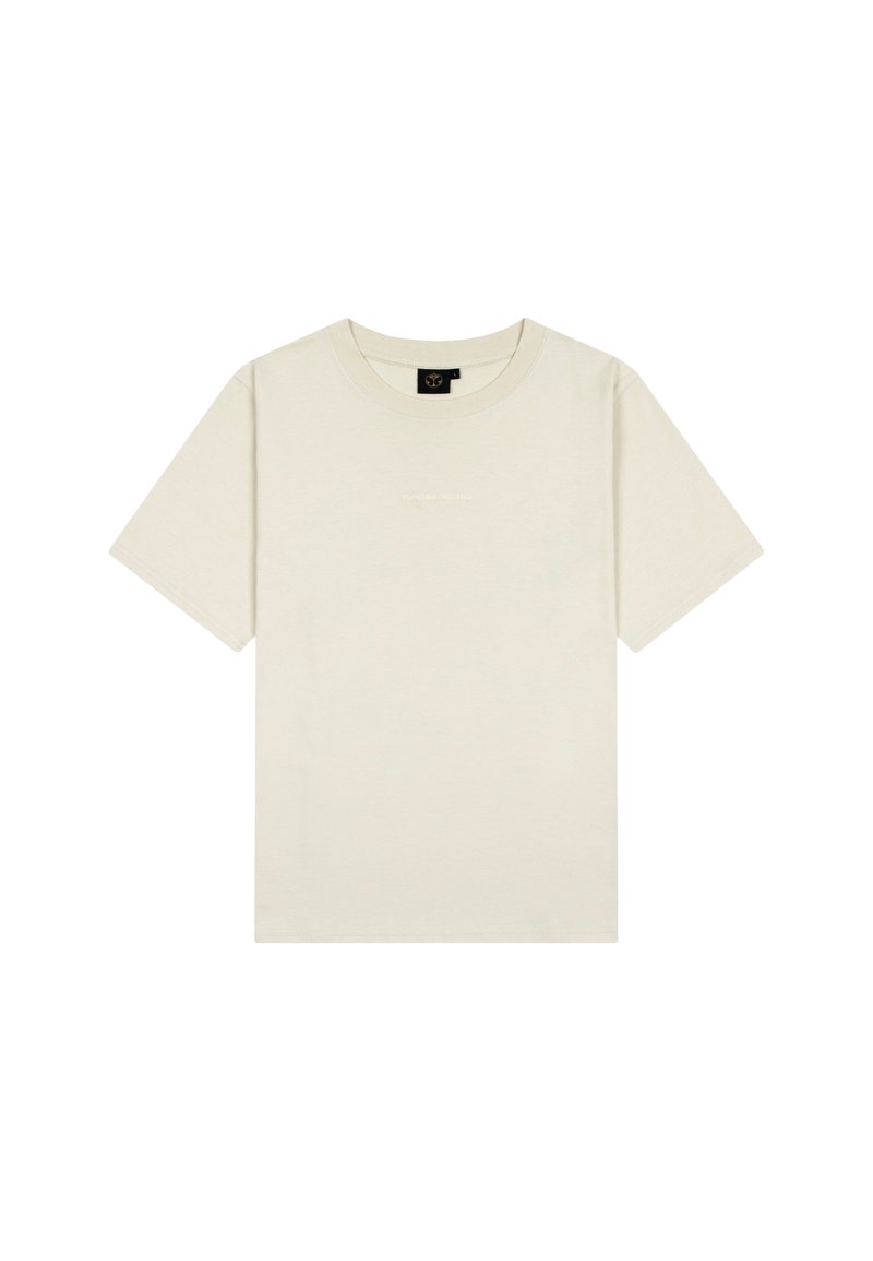 Korte mouwen t-shirt in off-white katoen, met een ronde hals en een minimalistisch tekstontwerp in lichtbeige over de borst.