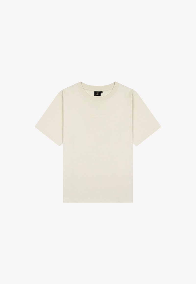 Korte mouwen t-shirt in off-white katoen, met een ronde hals en een minimalistisch tekstontwerp in lichtbeige over de borst.