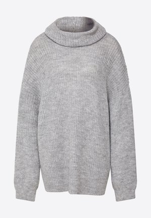 Hellgrauer Strickpullover mit Cowl-Ausschnitt, langen Ärmeln und lockerer Passform; strukturierte Musterung im gesamten Stoff.