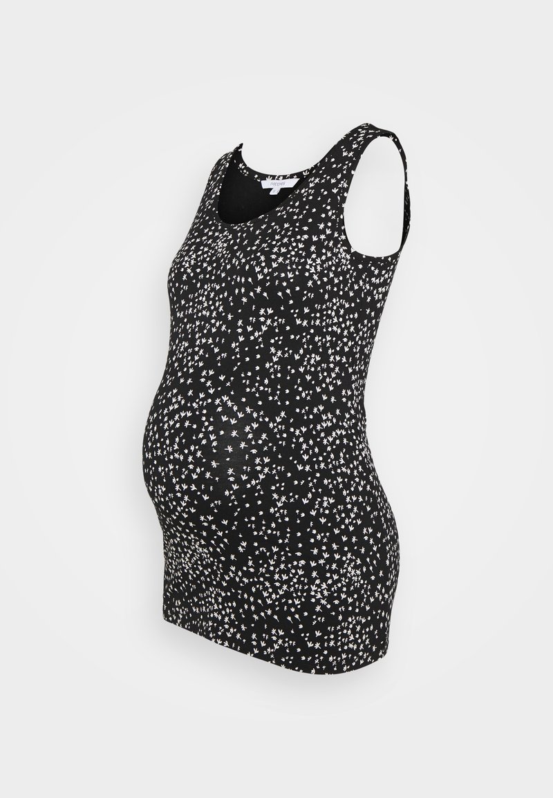 Débardeur noir à la coupe ajustée, avec un motif floral blanc, sans manches, en tissu extensible pour un confort optimal.