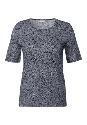 Short-sleeved navy top featuring a geometric white pattern, round neckline, and soft, textured fabric. Casual fit with no visible fastenings.