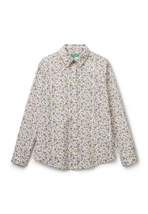 Lange mouwen knoopshirt met kraag, met een witte basis en een klein blauw, paars en bruin bloemenpatroon.