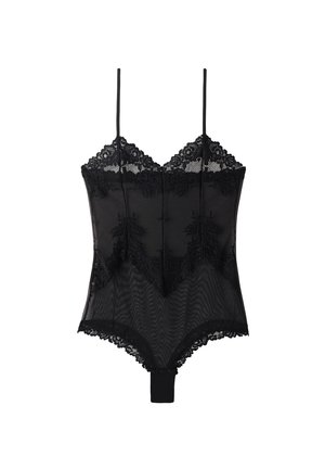 Zwarte kanten bodysuit met dunne verstelbare bandjes, bloemige kanten accenten en een doorschijnend mesh lichaam met een textuurpatroon.