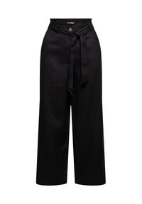 Černé lněné kalhoty culottes s vysokým pasem, detaily zavazování opasku a knoflíkovým zapínáním. Nabízí široké nohavice a hladkou texturu.
