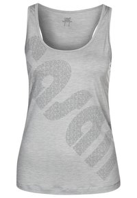 Graues ärmelloses Tanktop aus weichem Stoff, mit großem Textgrafikdesign in dunklerem Grau, mit rundem Ausschnitt und geschwunghem Saum.