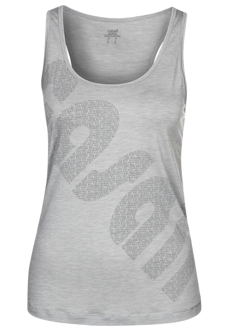 Graues ärmelloses Tanktop aus weichem Stoff, mit großem Textgrafikdesign in dunklerem Grau, mit rundem Ausschnitt und geschwunghem Saum.