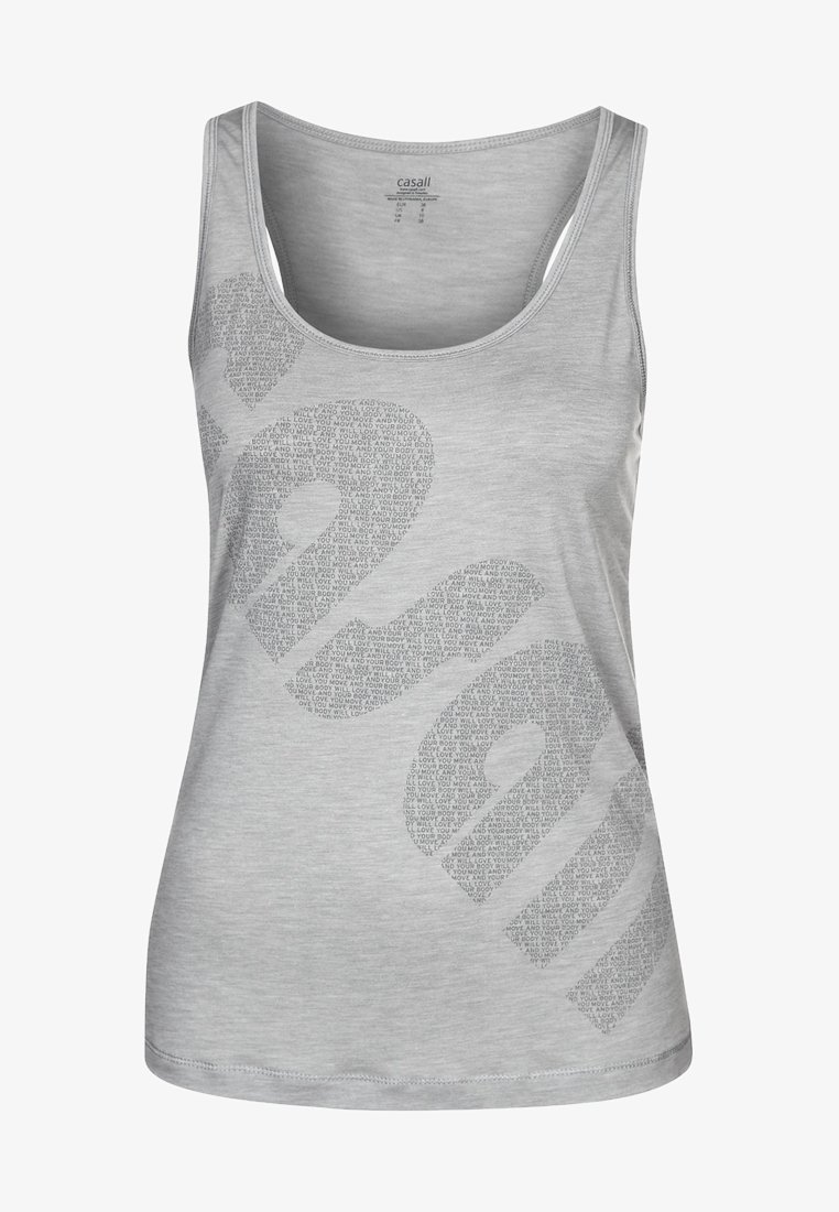 Graues ärmelloses Tanktop aus weichem Stoff, mit großem Textgrafikdesign in dunklerem Grau, mit rundem Ausschnitt und geschwunghem Saum.
