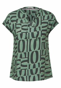 Camisa de manga corta hecha de tela estampada en verde y negro, con escote en pico y un diseño minimalista, además de un corte relajado.