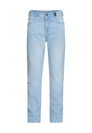 Lichtblauwe denim jeans met een rechte pijp, voorzakken en een ritssluiting, met subtiele vervaging en stikseldetails.
