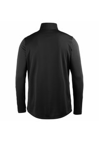 Zwarte longsleeve shirt van textuurstof, met een opstaande kraag en een gebogen zoom. Geen zichtbare logo's of patronen.