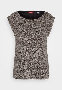 Blouse noire sans manches avec petit motif abstrait à points blancs et col rond, étiquette de la marque Esprit visible à l'intérieur du col.