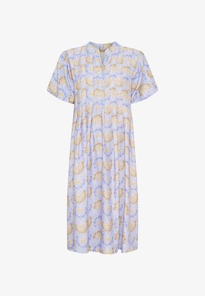 Kjole med korte ærmer i lyseblå med blomster mønstre i beige og marineblå. Har en V-udskæring og samlinger for en afslappet pasform.