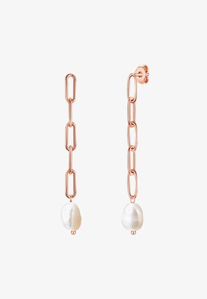 Cercei din aur roz cu linii de lanț alungite și o perlă albă naturală la bază. Textură netedă cu finisaj lustruit.