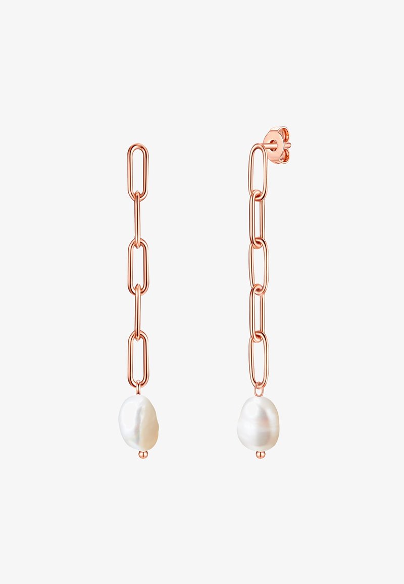 Rožu zelta auskari ar garenām ķēdes saites un dabīgu baltu pērli apakšā. Gluda tekstūra ar pulētu apdari.