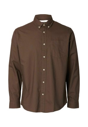 Brun button-up skjorte, med krave og lange ærmer, lavet af et glat stof. Har en enkelt brystlomme og knapdetaljer.