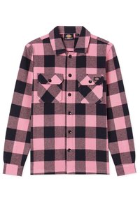 Camicia a maniche lunghe a quadri con grandi controlli rosa e blu navy, due tasche sul petto, chiusura frontale con bottoni e colletto classico. Realizzata in tessuto morbido.