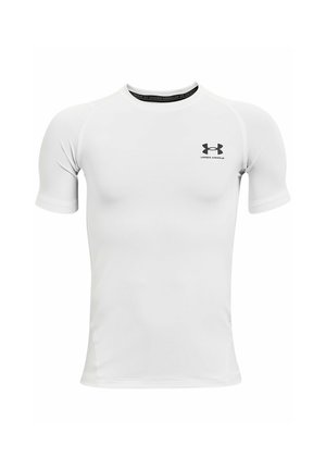 Weißes Kompressionsshirt mit kurzen Ärmeln, schwarzem Under Armour Logo auf der Brust und gebrandetem Kragenfutter, entwickelt für sportliche Leistung.