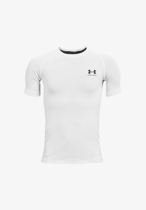 Wit compressie T-shirt met korte mouwen, met zwart Under Armour-logo op de borst en een gebrande kraagvoering, ontworpen voor sportieve prestaties.