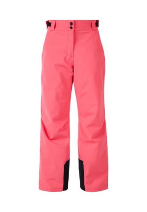 Roze waterdichte broek met rechte snit, twee knopen aan de voorkant, verstelbare tailleband en zwarte accentpanelen bij de enkels.