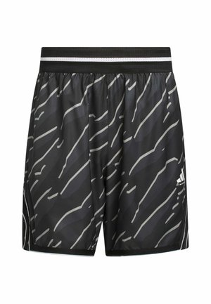 Schwarze Sportshorts mit einem grauen abstrakten Muster, elastischem Bund und weißen Akzenten. Hergestellt aus leichtem, atmungsaktivem Material.
