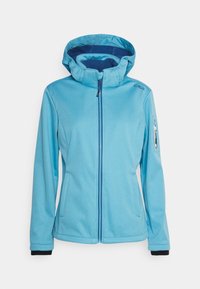Veste à fermeture éclair bleu clair avec capuche, manches longues, poches latérales, et une petite poche zippée sur la manche gauche, présentée sur un fond uni.