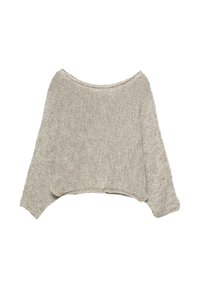 Helles beiges, kurzes Sweatshirt mit einem lockeren, weiten Halsauschnitt und langen Ärmeln. Gefertigt aus strukturiertem Strickstoff mit dezenten Einsprengseln.