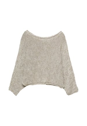 Helles beiges, kurzes Sweatshirt mit einem lockeren, weiten Halsauschnitt und langen Ärmeln. Gefertigt aus strukturiertem Strickstoff mit dezenten Einsprengseln.