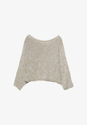 Jasnokremowy krótki sweter z luźnym, szerokim dekoltem i długimi rękawami. Wykonany z teksturowanej dzianiny z delikatnymi drobinkami.