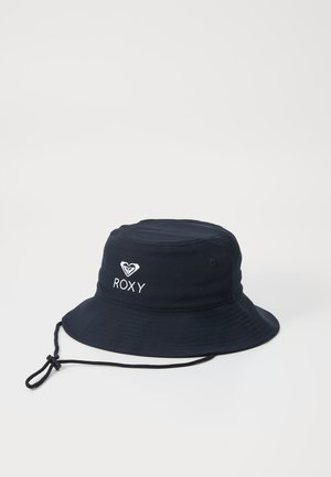 Gorra de cubo navy hecha de tela ligera con una parte superior redondeada, ala ancha y correa ajustable para el mentón. Presenta el logotipo bordado en blanco "ROXY".