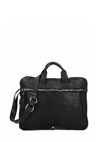 Bolsa para portátil de cuero negro con dos asas superiores, correa de hombro desmontable, bolsillo frontal con cremallera y acabado texturizado. Acentos de hardware plateado.
