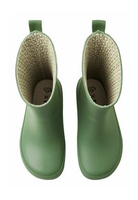 Bottes de pluie vertes en caoutchouc avec un extérieur lisse, un bout arrondi et un intérieur beige à motifs. Elles possèdent des languettes pour un enfilage facile.