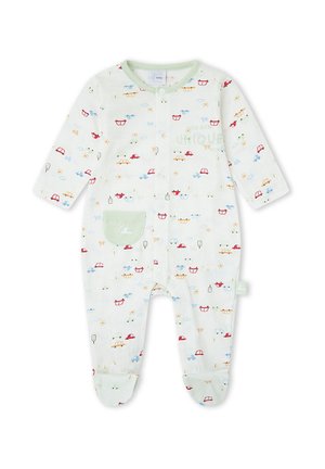 Pelele blanco para bebé con estampados coloridos de coche, sol y semáforo, ribete verde y un pequeño bolsillo verde en el frente.