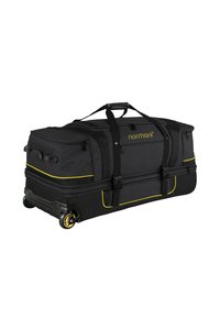 Schwarze Rollreisetasche mit gelben Akzenten; aus strapazierfähigem Material; verfügt über robuste Räder, mehrere Griffe und Reißverschlussfächer.