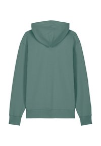 Hoodie in gedempt teal. Zacht, katoen-blend materiaal met een ontspannen pasvorm. Beschikt over een kangoeroe-pocket en ribgebreide manchetten en zoom.