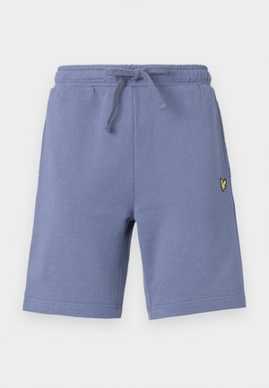 Hellblaue Baumwollshorts mit elastischem Bund, Kordelzug und kleinem gelbem Logo am linken Hosenbein. Glatte Textur, knielang.