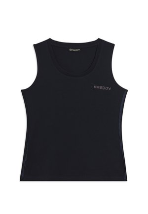 Canotta atletica nera senza maniche con scollo rotondo e piccolo logo "FREDDY" in strass sulla parte superiore sinistra del petto.