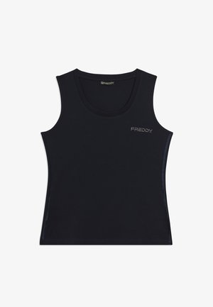Canotta atletica nera senza maniche con scollo rotondo e piccolo logo "FREDDY" in strass sulla parte superiore sinistra del petto.