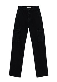 Jeans cargo neri con taglio dritto e tasche laterali, esposti su uno sfondo bianco uniforme.