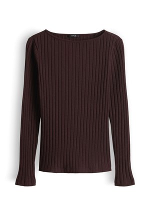 Dunkelbraunes, geripptes Langarmoberteil mit rundem Ausschnitt, figurnahem Schnitt und subtiler Textur, auf weißem Hintergrund dargestellt.