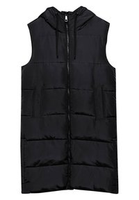 Zwarte mouwloze donsbodywarmer met capuchon, ritssluiting aan de voorkant en twee zijzakken; heeft een doorgestikt patroon en een trekkoord voor aanpassing.