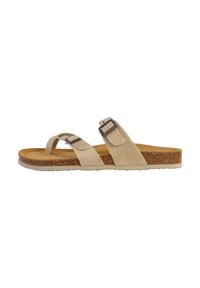 Beige Leder-Slidesandalen mit zwei verstellbaren Schnallen, einem natürlichen Korkfußbett und einer strukturierten Gummisohle für Grip und Komfort.