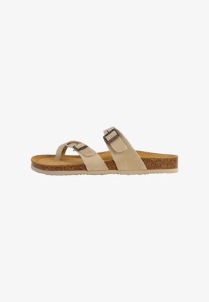 Beige leren slidersandalen met twee verstelbare gespen, een natuurlijke kurken voetbed en een textuur rubberen zool voor grip en comfort.