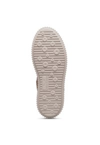 Semelle de chaussure marron clair avec un motif circulaire de tailles variées, des rainures texturées et un logo de marque bien en vue au centre.