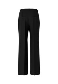 Schwarze weite Hosen mit glatter Textur, zwei Gesäßtaschen und einem verkürzten Saum. Maßgeschneiderter Schnitt mit klaren Linien für einen strukturierten Look.