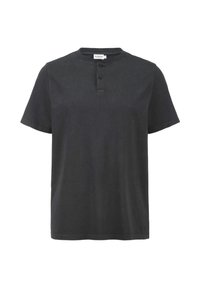 Kurzärmliges Henley-Hemd aus dunkelgrauer Baumwolle mit drei Knöpfen am Kragen und geradem Saum. Weiche Textur.