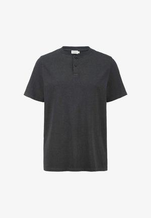 Kurzärmliges Henley-Hemd aus dunkelgrauer Baumwolle mit drei Knöpfen am Kragen und geradem Saum. Weiche Textur.