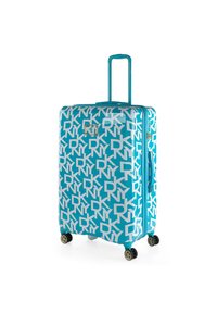 Maleta dura azul con un gran patrón de logo blanco de DKNY, mango telescópico y cuatro ruedas giratorias negras para una mayor movilidad.